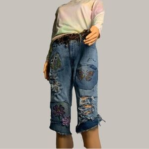 Homemade Patched Up Upcycled Blue Denim Cutoff Shorts